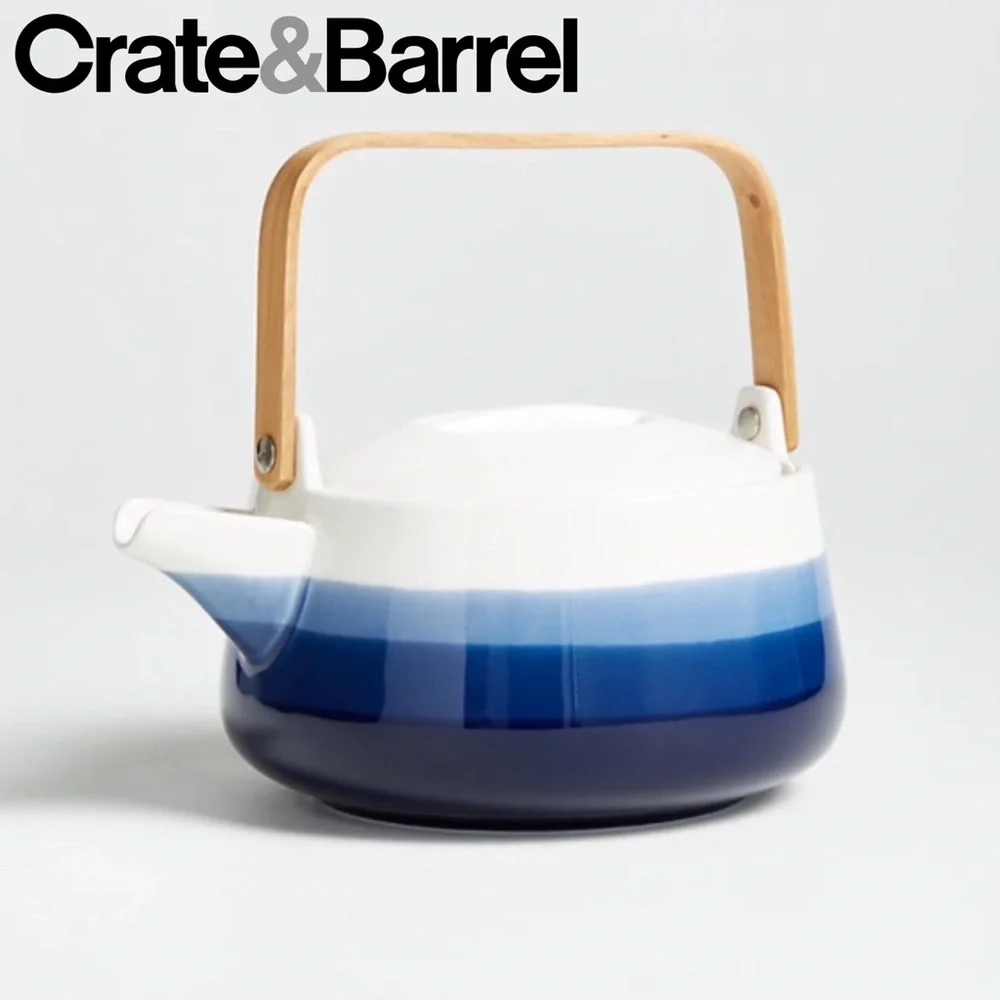 Crate & Barrel Blue Stripped Teapot and Cups Set
